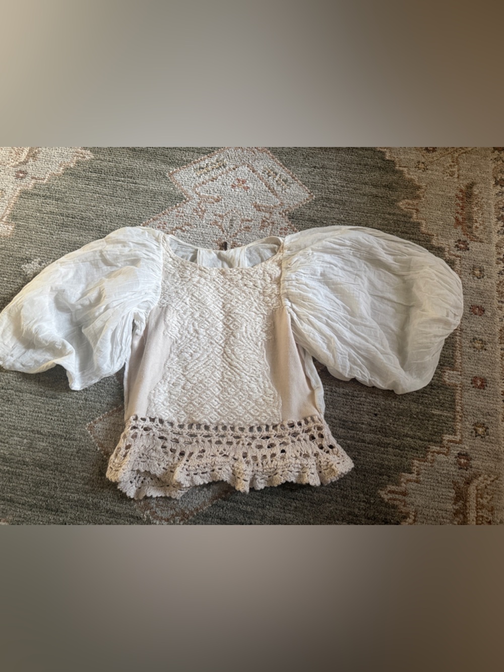 Free People Cream Puff-Sleeve Crochet Peplum Top - Cream